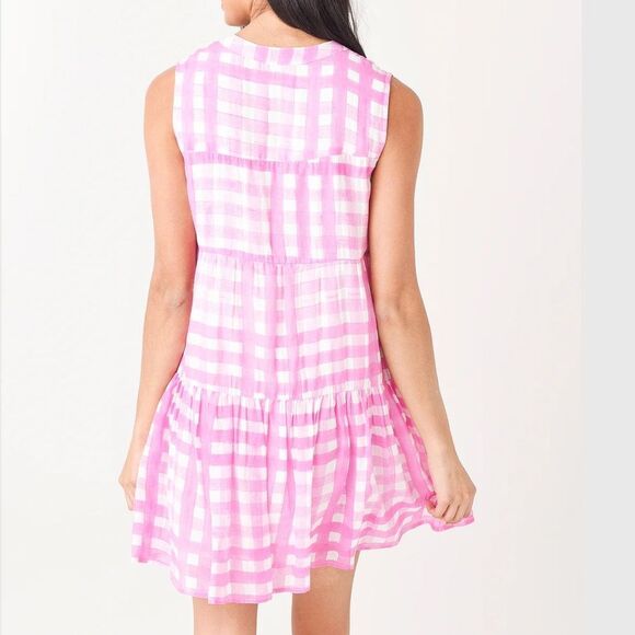 Oliphant Pink and White Gingham Yoke Tiered Button Neck Dress Size Medium - Picture 4 of 9